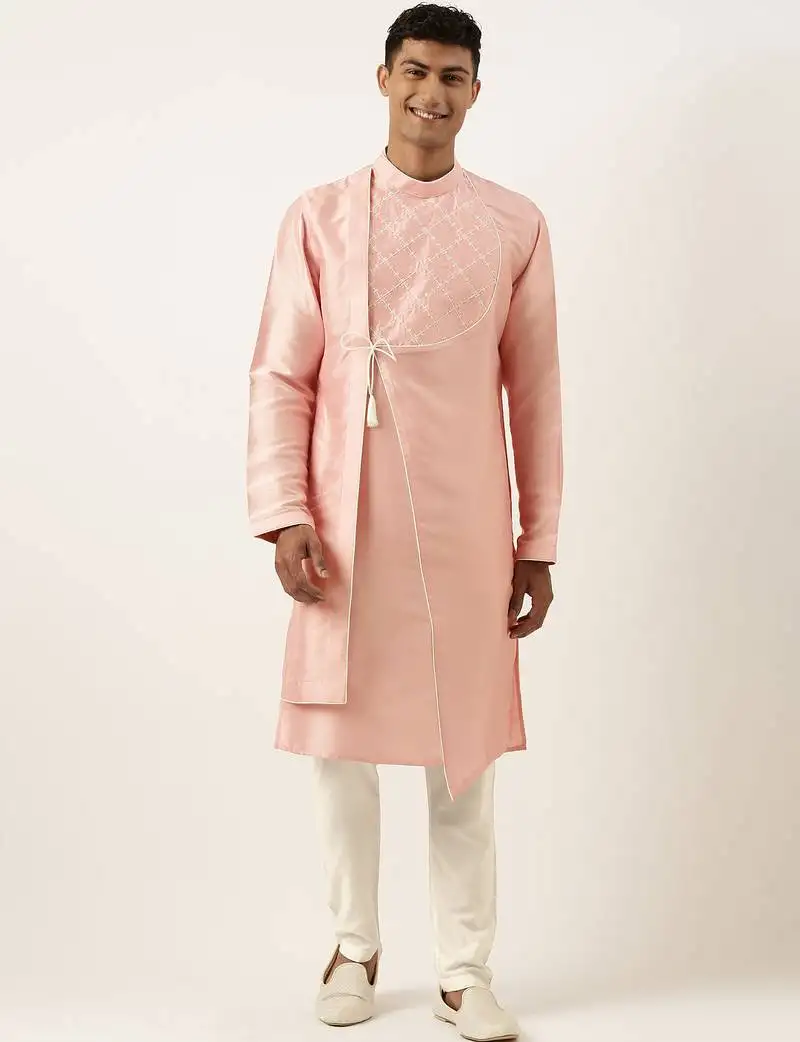 Peach silk embroidery angrakha kurta pajama