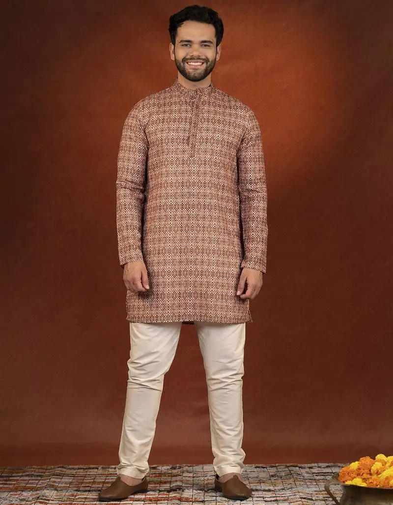Printed maroon cotton kurta pajama set