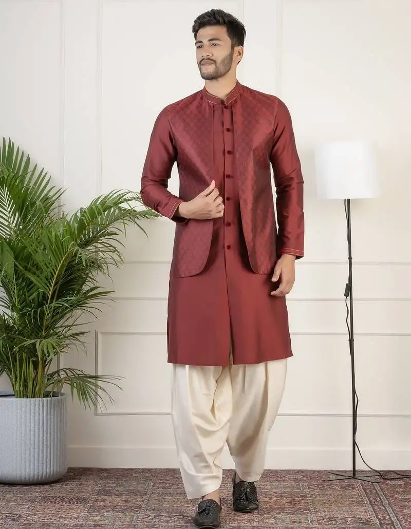 Maroon layered kurta pajama