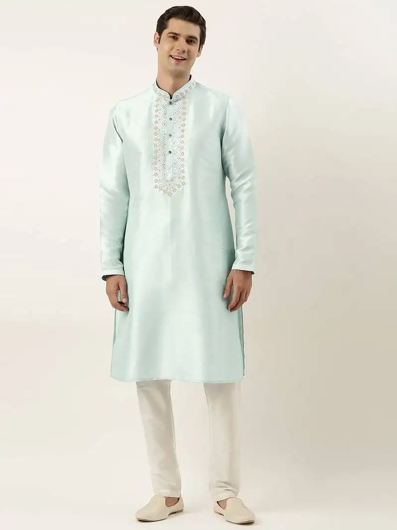 Aqua blue silk embroidered kurta pajama