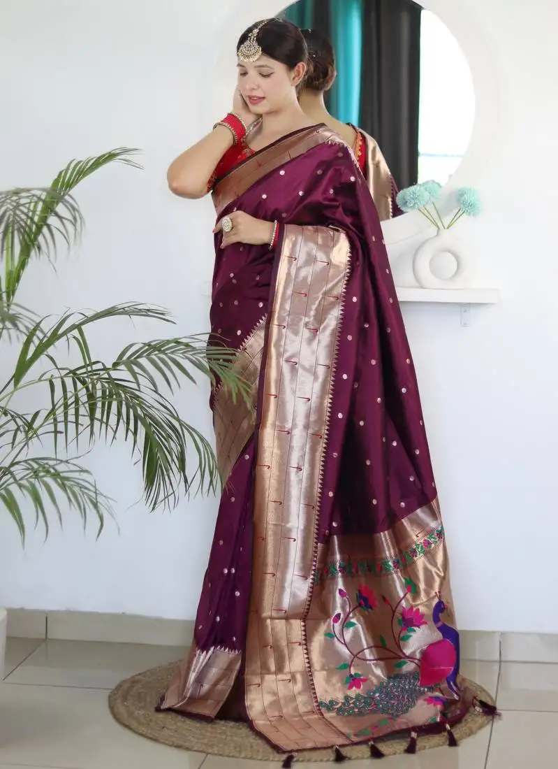 Wine color paithani silk saree with beautiful festive looks
