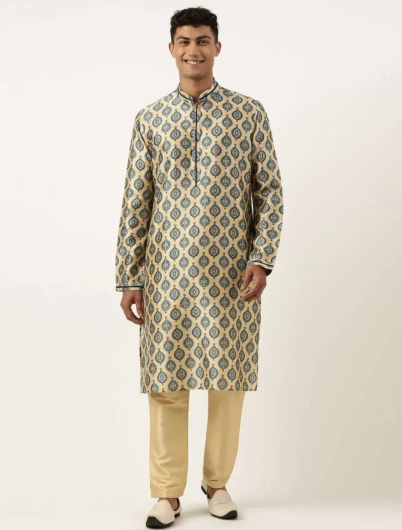 Printed gold cotton kurta pajama