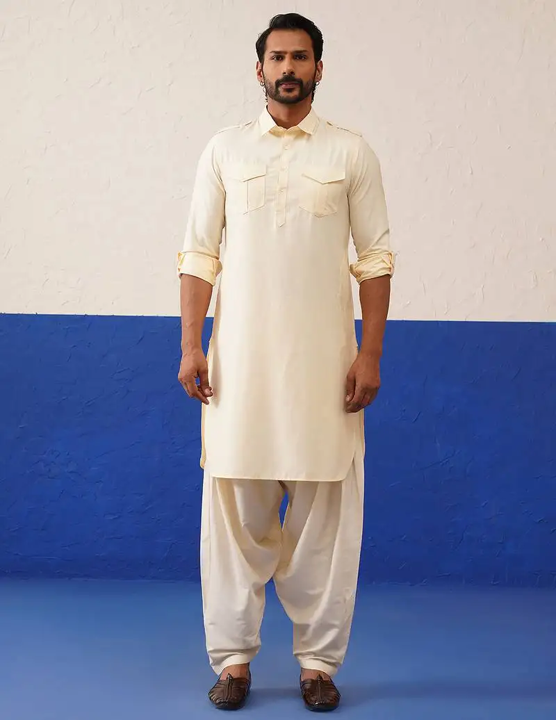 Cream pure cotton pathani with salwar set