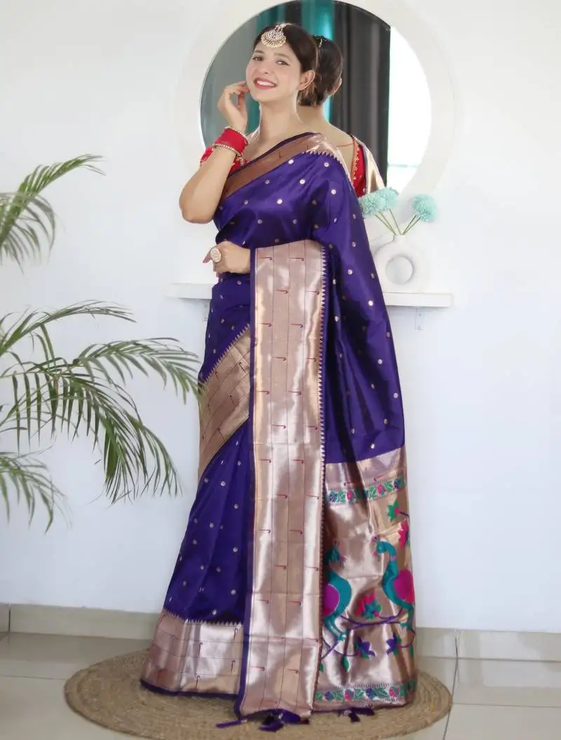Violet color paithani silk saree with beautiful festive looks