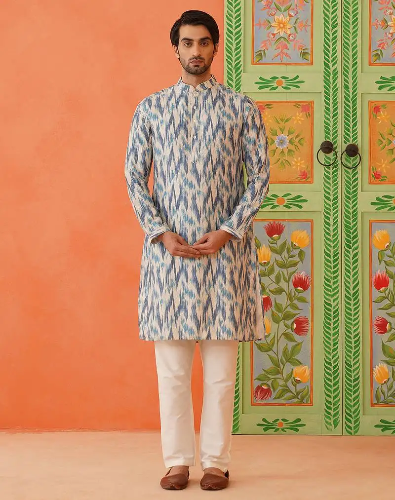 Blue ikat printed kurta pajama