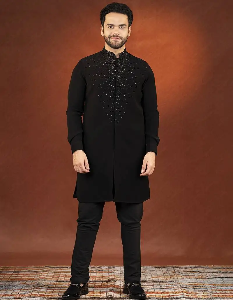 Black ceremonial front open kurta pajama