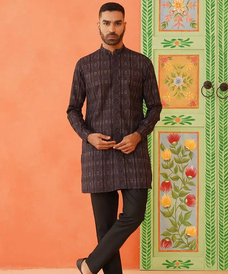 Front open charcoal black printed kurta pajama with embroidery highlights