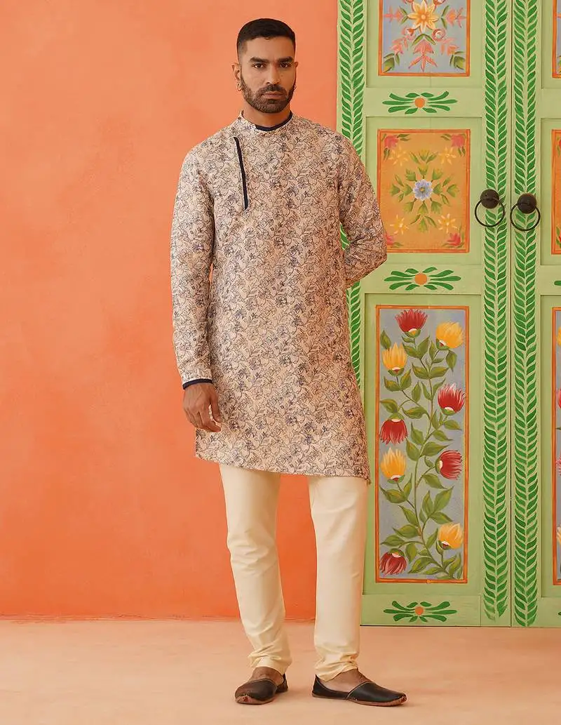 Beige kantha design printed kurta pajama