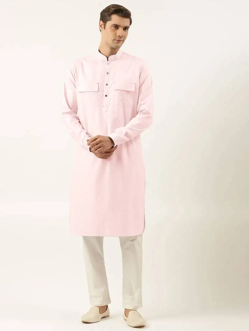 Grey pure cotton pathani kurta pajama with patch pocket