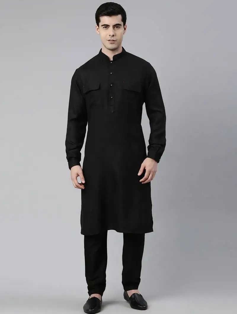 Black cotton pathani kurta pajama with patch pocket