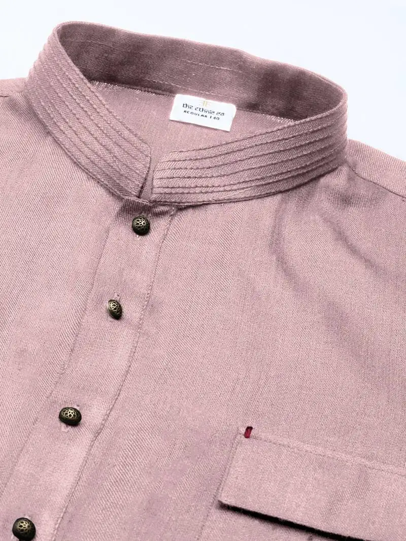 Old rose cotton pathani kurta pajama with patch pocket