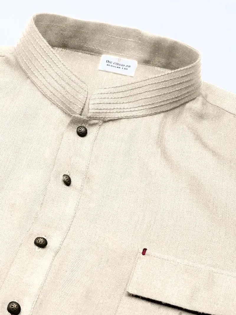 Cream cotton pathani kurta pajama with patch pocket