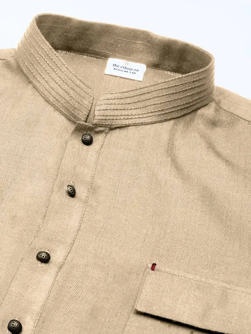 Beige cotton pathani kurta pajama with patch pocket