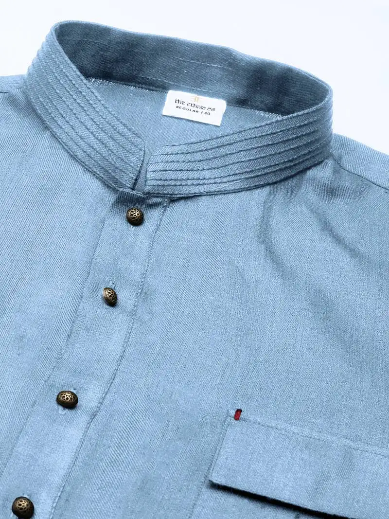 Light blue cotton pathani kurta pajama with patch pocket