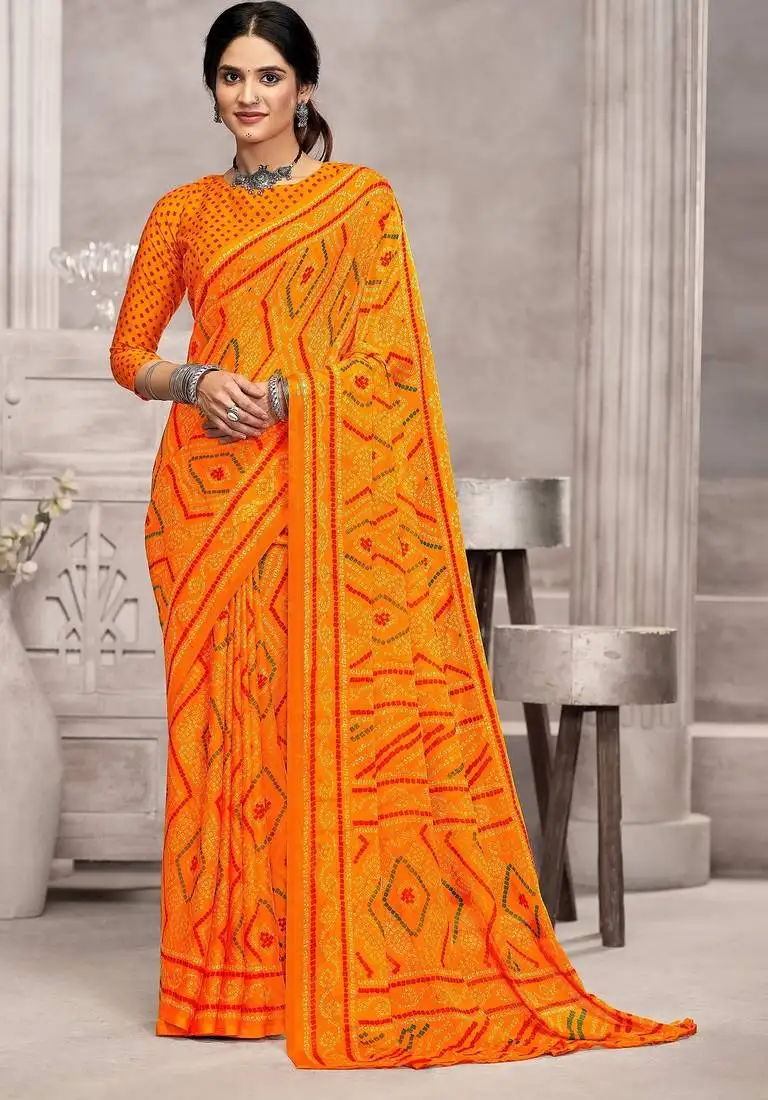 Yellow chiffon bandhani geometric printed saree with blouse