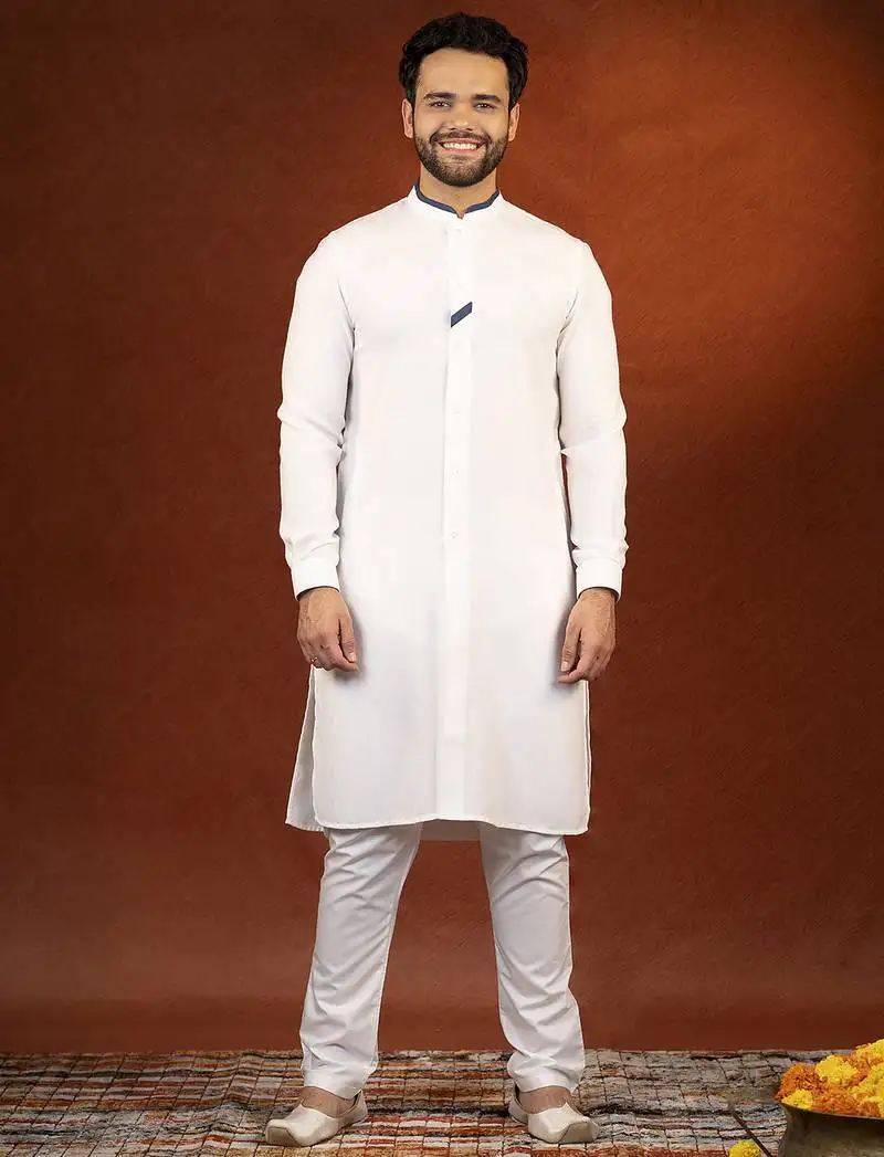White cotton kurta with denim detailing set