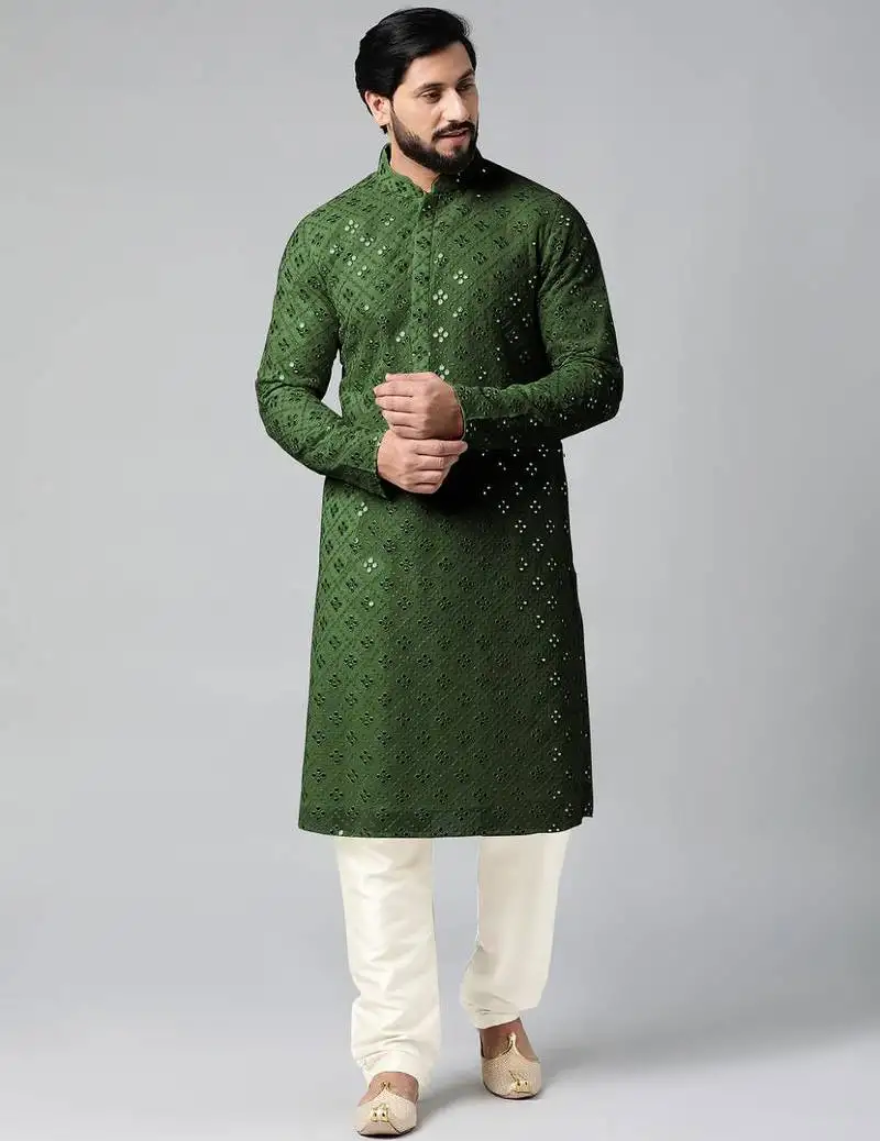 Olive green mirror embroidery kurta pajama