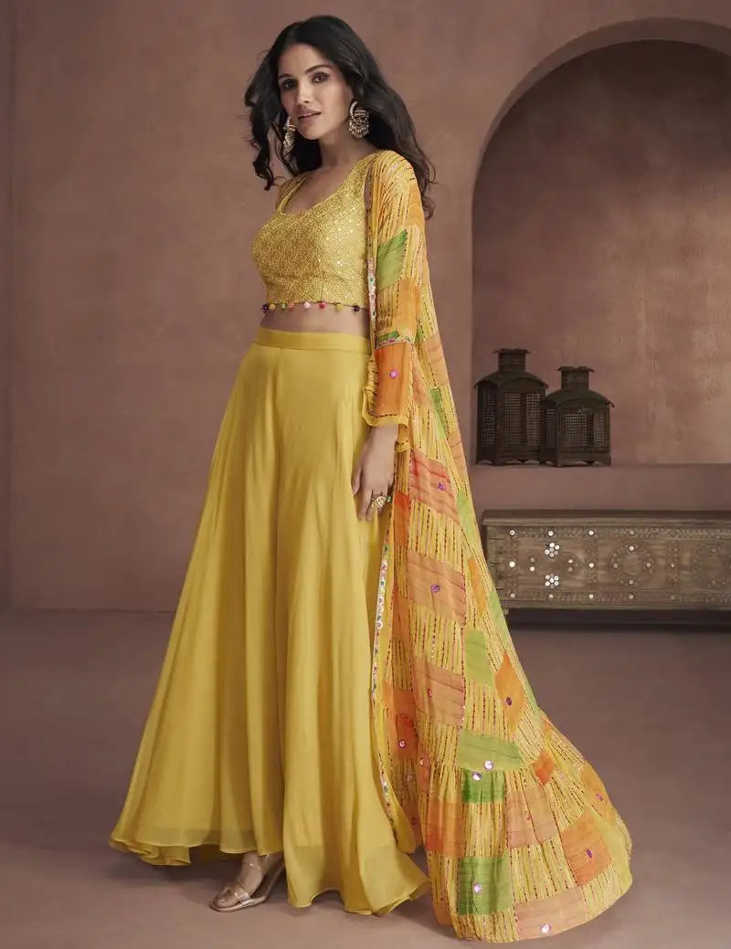 Yellow emboridered pure georgette jacket style sharara suit semi stitched