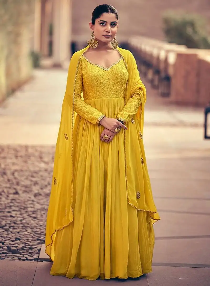 Yellow embroidered chinnon-silk anarklai with dupatta semi stitched