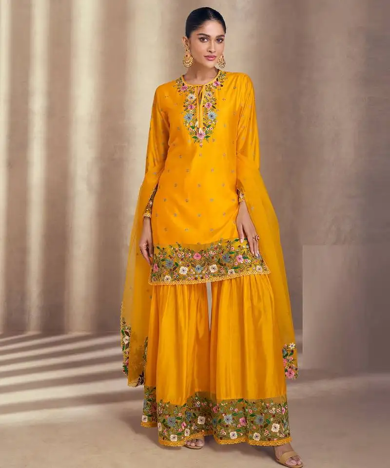 Yellow thread floral embroidery gharara suit with dupatta semi stitched