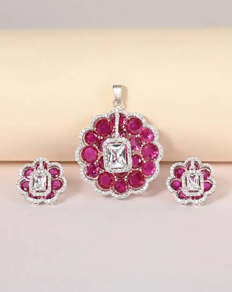 White cubic zirconia necklace set with floral bloom design