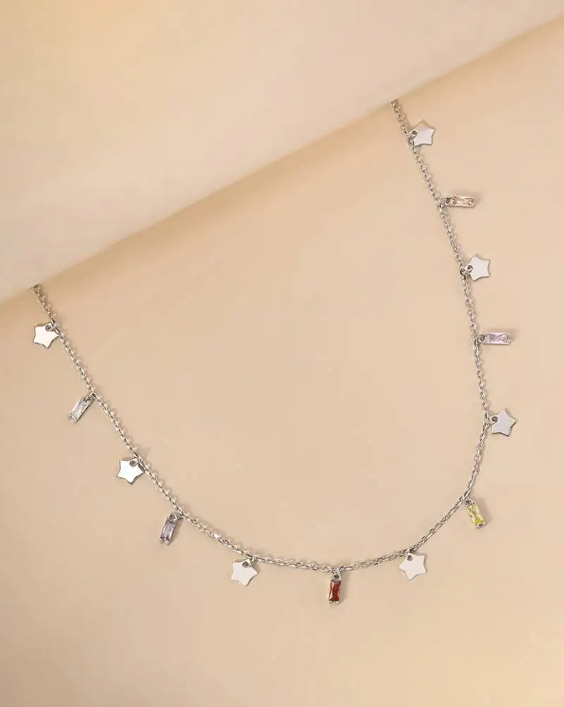 Tiny star cz silver pendant necklace with celestial dance and dainty design