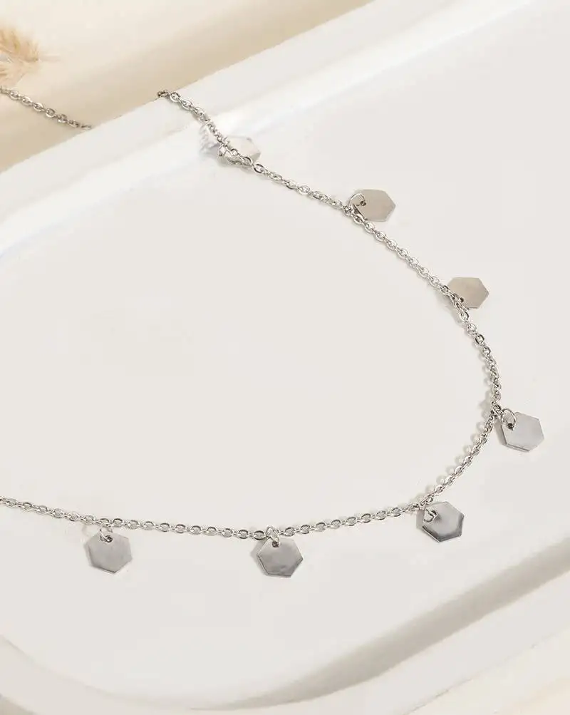 Hexagon charm silver necklace with minimalist design and daily elegance