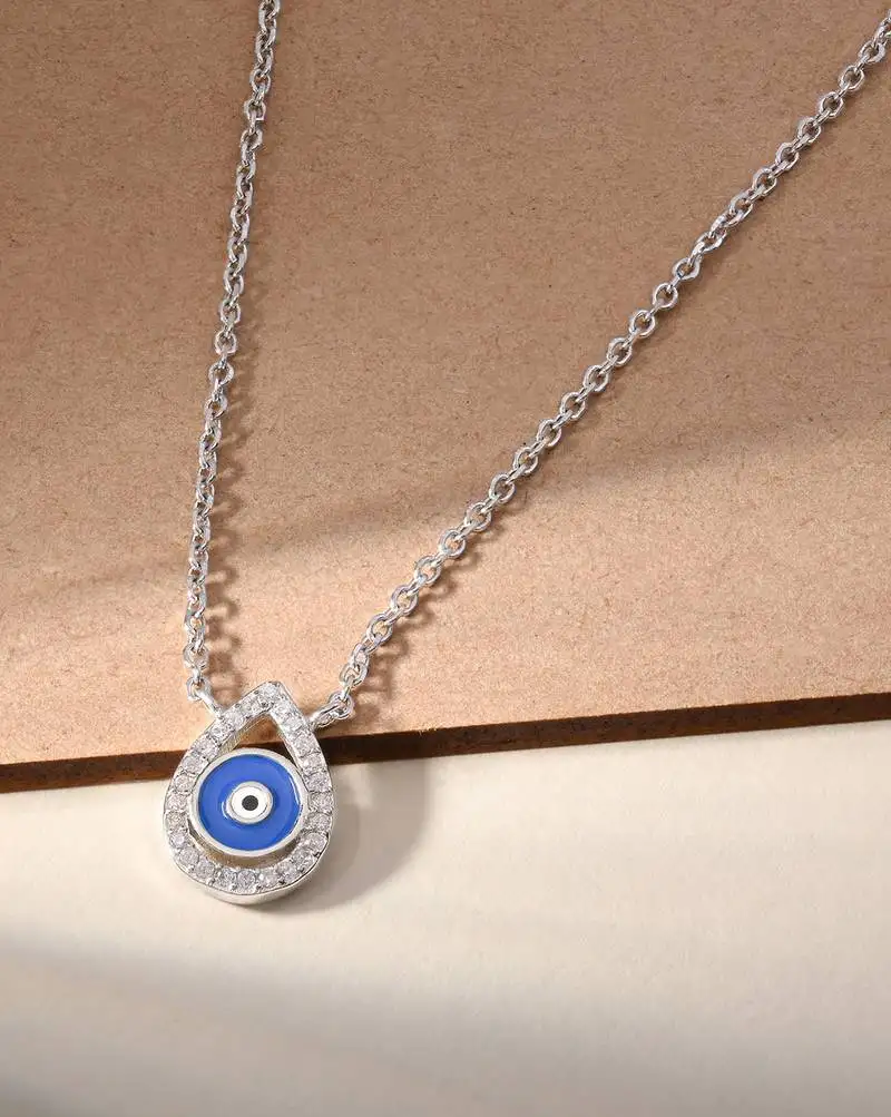 Evil eye drop cz silver pendant necklace with protective charm and trendy look