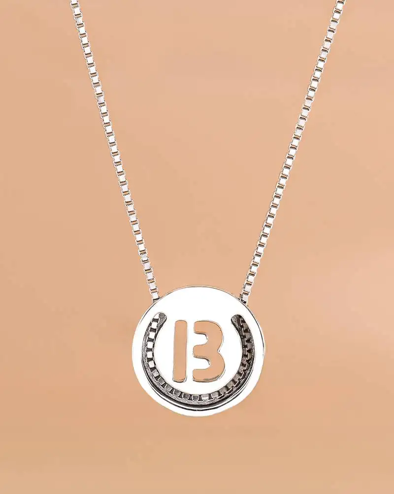 Initial 'b' round pendant silver necklace with cube chain and bold charm