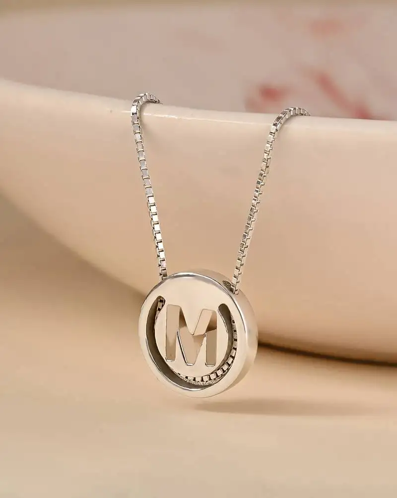 Initial 'm' round pendant silver necklace with cube chain and bold charm