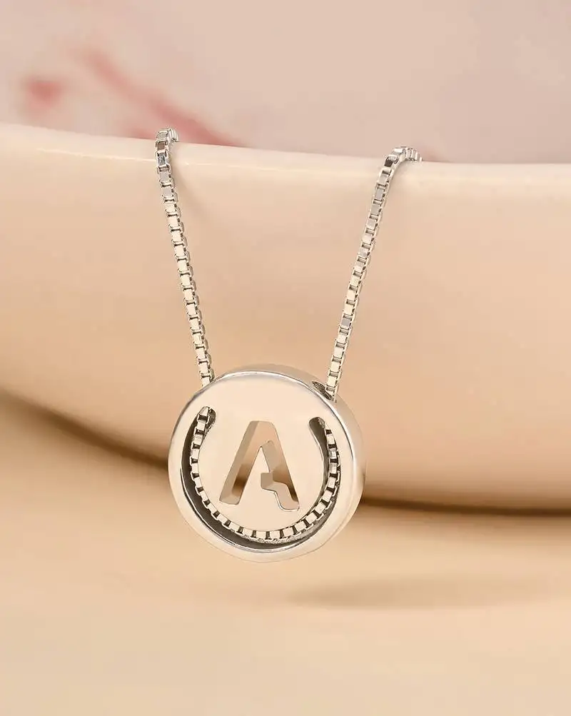 Initial 'a' round pendant silver necklace with cube chain and bold charm