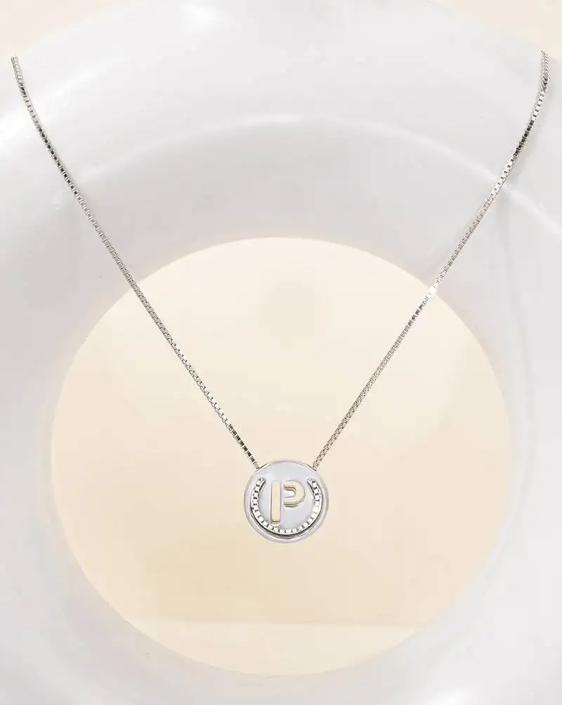 Initial 'p' round pendant silver necklace with cube chain and bold charm