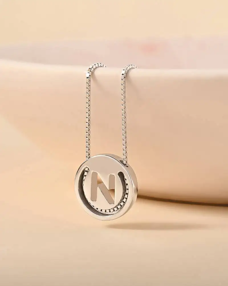 Initial 'n' round pendant silver necklace with cube chain and bold charm