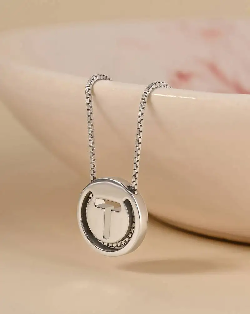 Initial 't' round pendant silver necklace with cube chain and bold charm