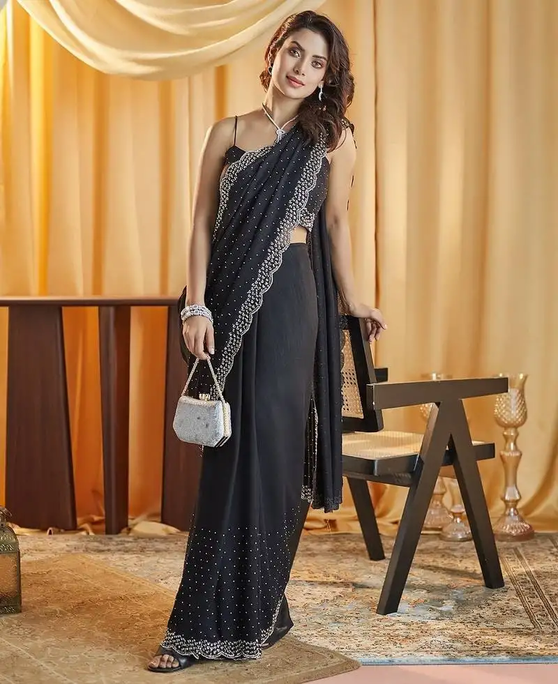 Black beads and stones silk blend blend saree