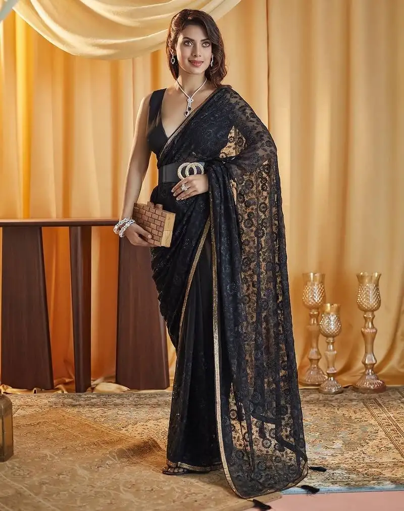 Black embellished chikankari chiffon saree