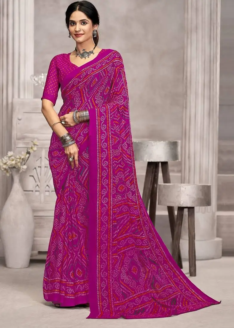 Purple chiffon bandhani geometric printed saree with blouse