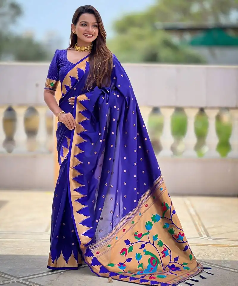 Royal blue color sophisticated paithani silk fabric woven jacquard meenakari designer saree