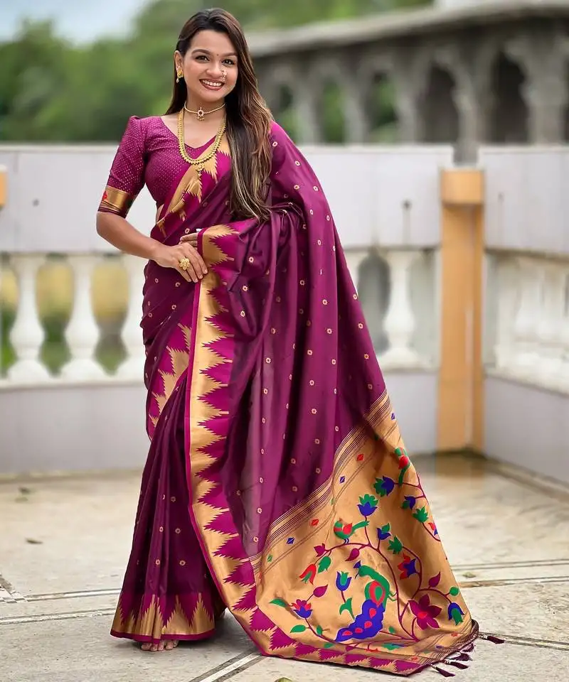 Wine color sophisticated paithani silk fabric woven jacquard meenakari designer saree