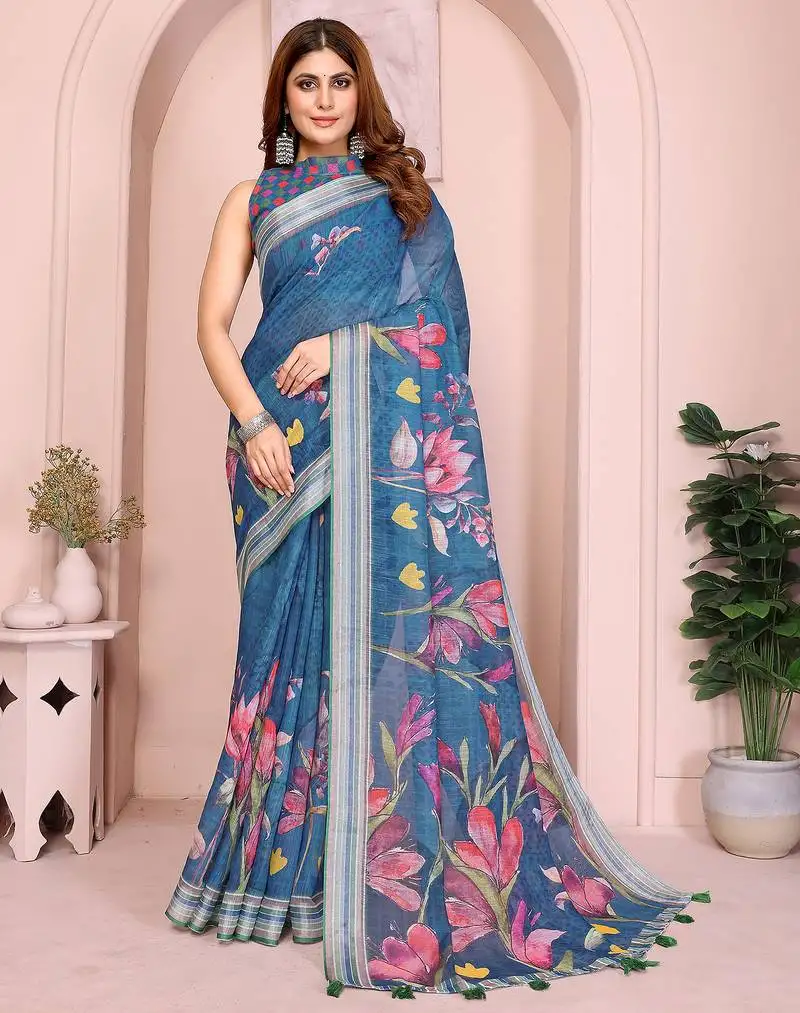 Blue color linen cotton fabric designer printed formal looks sophisticated saree