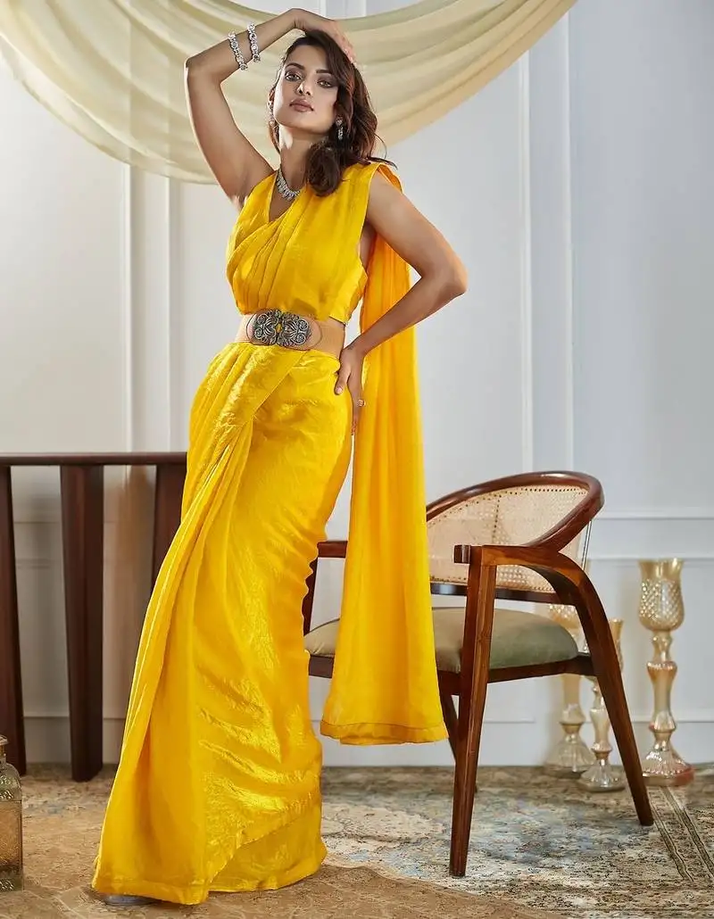 Yellow women yellow solid silk blend saree