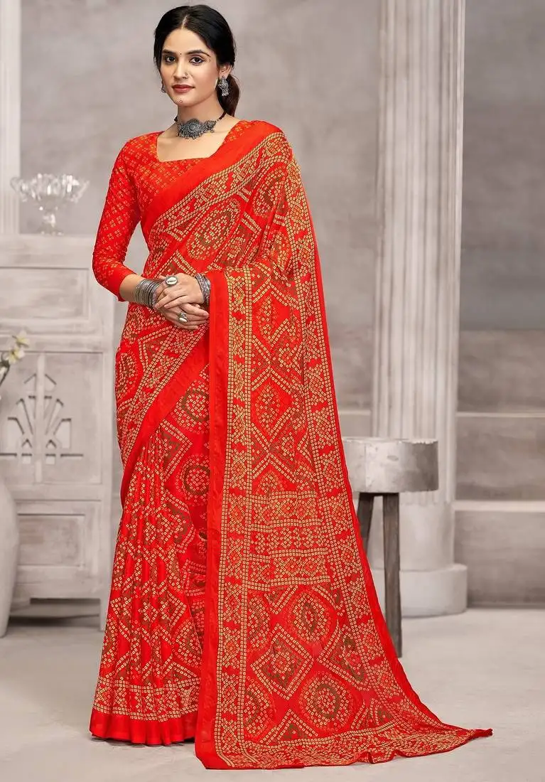 Orange chiffon bandhani geometric printed saree with blouse