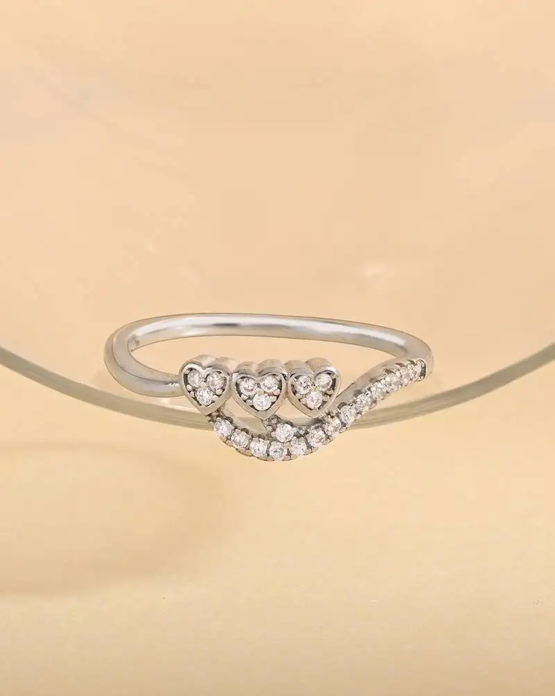 Touch925 syncing hearts silver ring with triple cz stones in 925 purity for women