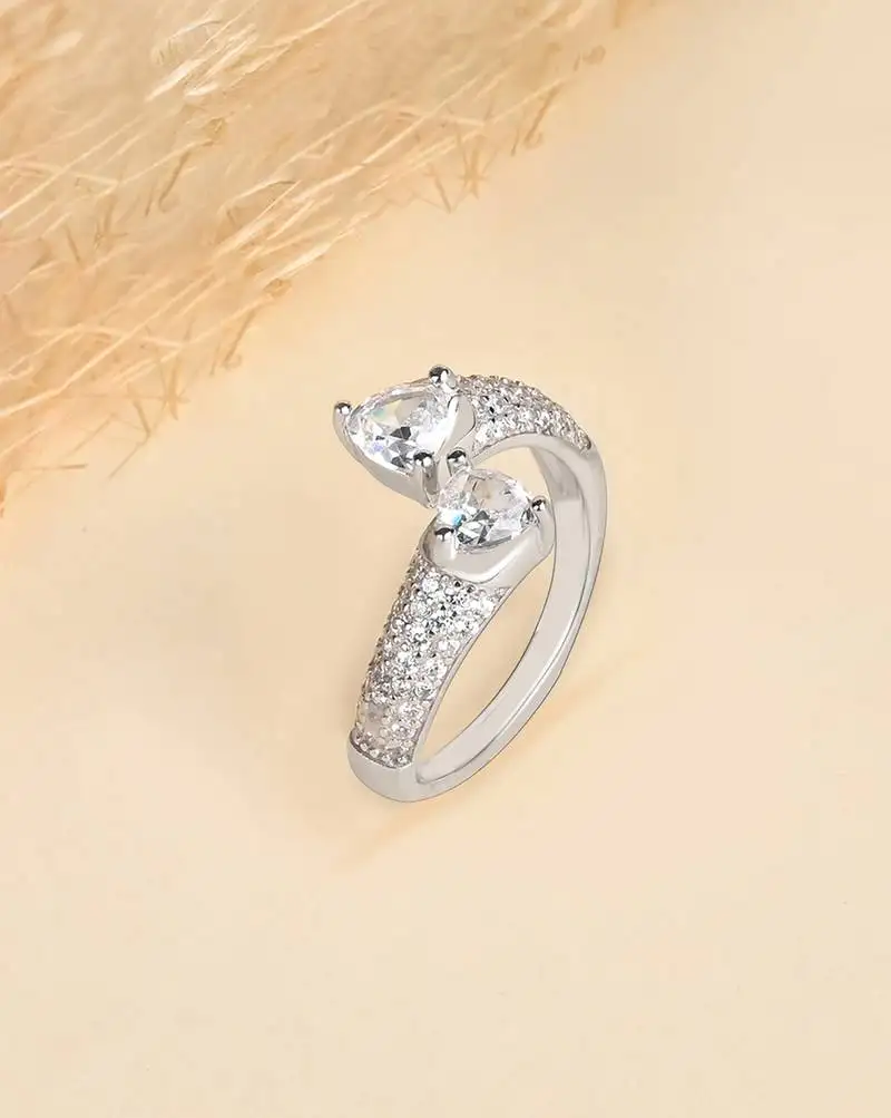 Touch925 harmony two stone silver ring with triangular cz accents in 925 purity for women