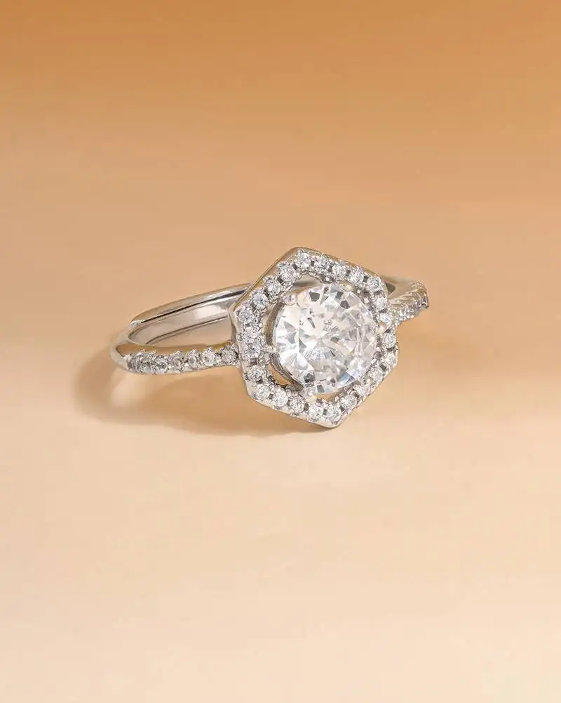 Touch925 hexa stone silver ring with cz halo in 925 purity for women