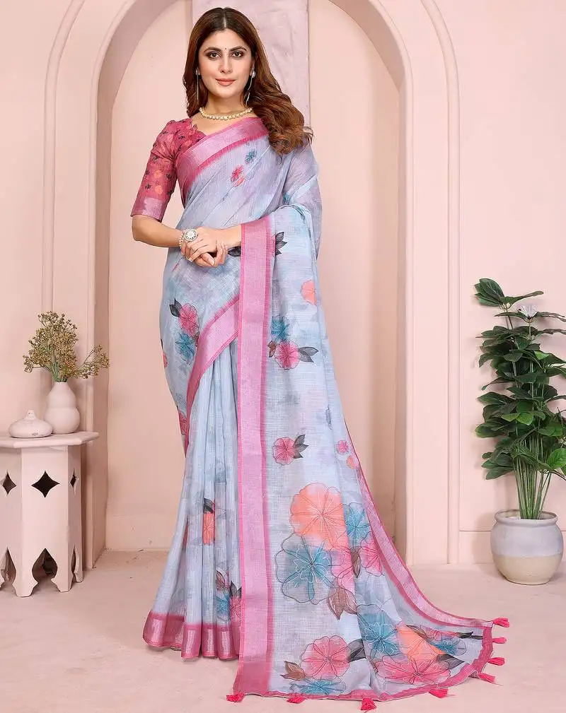 Blue color linen cotton fabric festive looks printed saree