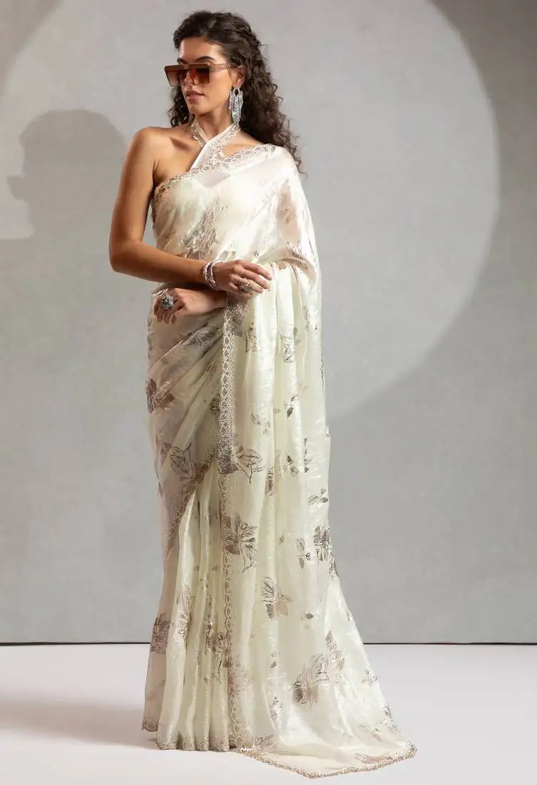 Cream foil printed two tone silk blend embroidered saree