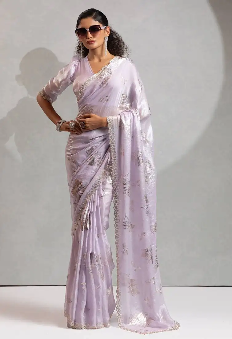 Lavender foil printed two tone silk blend embroidered saree