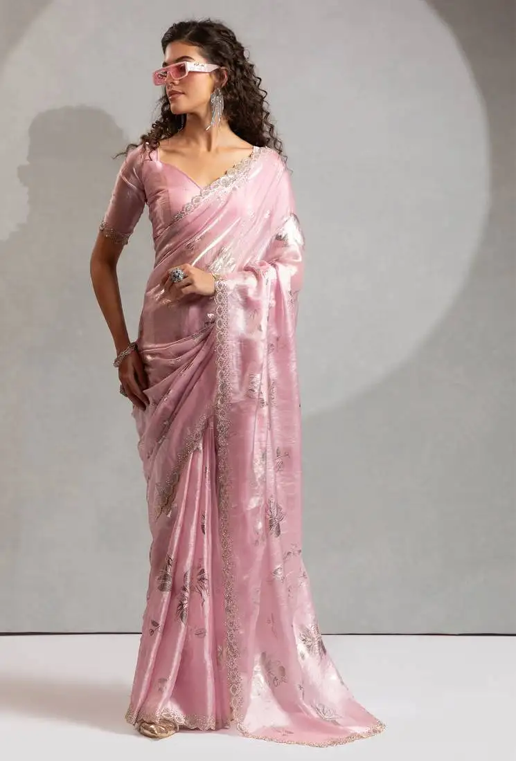 Pink foil printed two tone silk blend embroidered saree