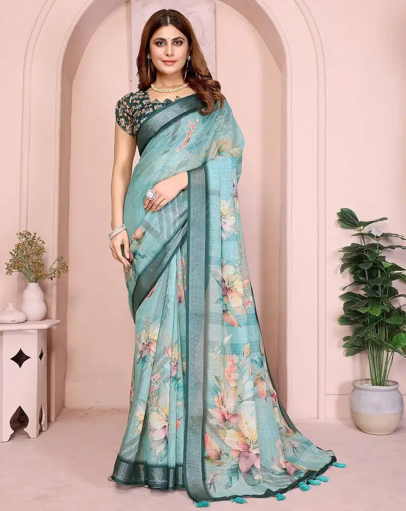 Sea green color linen cotton fabric festive looks printed saree